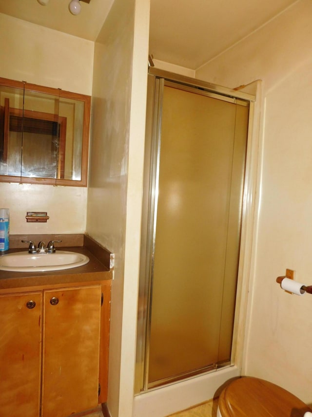 8727 S Oak Rd, Grayling, MI 49738 - full bath featuring a stall shower, toilet, and vanity