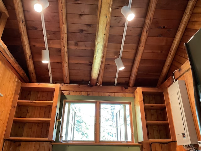 8842 Jackson Hole Trl, Grayling, MI 49738 - detailed view of beam ceiling and wooden ceiling