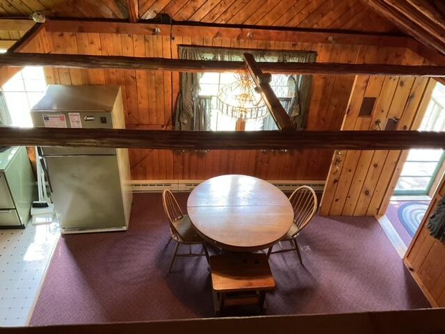 8842 Jackson Hole Trl, Grayling, MI 49738 - dining area with healthy amount of natural light, wooden walls, carpet floors, and wooden ceiling