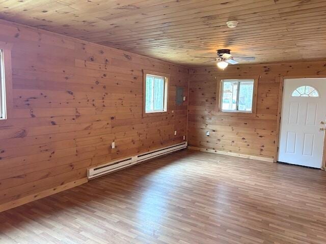 3120 Wilds Rd, Ossineke, MI 49766 - empty room with baseboard heating, wood finished floors, wood ceiling, a ceiling fan, and wooden walls