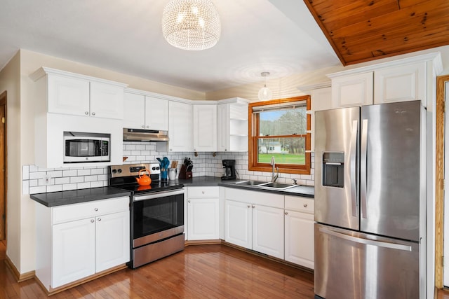 301 Hugh St, East Jordan, MI 49727 - kitchen with stainless steel appliances, under cabinet range hood, dark countertops, a sink, and white cabinetry