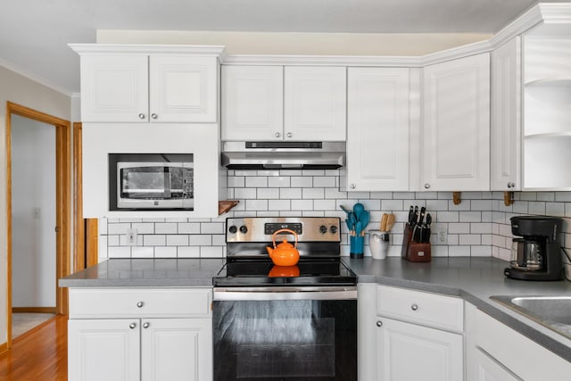 301 Hugh St, East Jordan, MI 49727 - kitchen featuring under cabinet range hood, stainless steel appliances, dark countertops, white cabinets, and ornamental molding