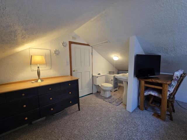 204 Broadway Rd, Houghton Lake, MI 48629 - bathroom featuring a textured wall, a textured ceiling, vaulted ceiling, toilet, and carpet