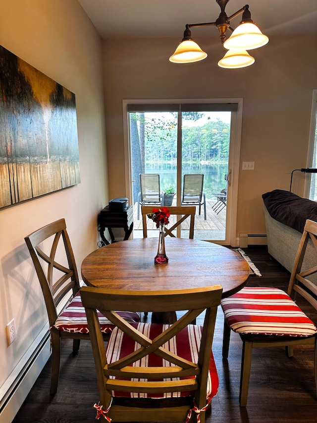 2403 N Perch Lake Dr, Gaylord, MI 49735 - dining room with baseboard heating, a baseboard heating unit, and wood finished floors