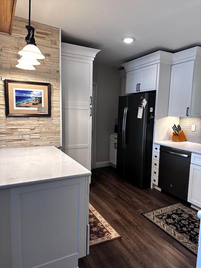 2403 N Perch Lake Dr, Gaylord, MI 49735 - kitchen featuring black refrigerator with ice dispenser, dishwasher, dark wood-style flooring, tasteful backsplash, and white cabinets
