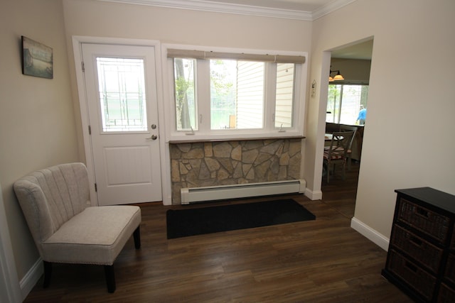 2403 N Perch Lake Dr, Gaylord, MI 49735 - doorway with a baseboard heating unit, crown molding, baseboards, and dark wood-style flooring