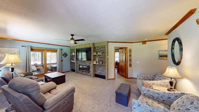 3400 Thornapple Trl, Lewiston, MI 49756 - living room featuring crown molding, light carpet, baseboards, a fireplace, and a ceiling fan
