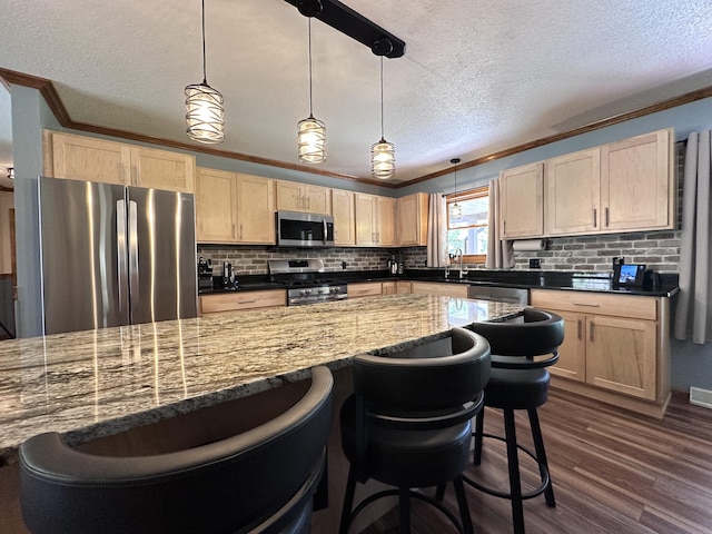 3400 Thornapple Trl, Lewiston, MI 49756 - kitchen with appliances with stainless steel finishes, crown molding, light brown cabinetry, a textured ceiling, and tasteful backsplash