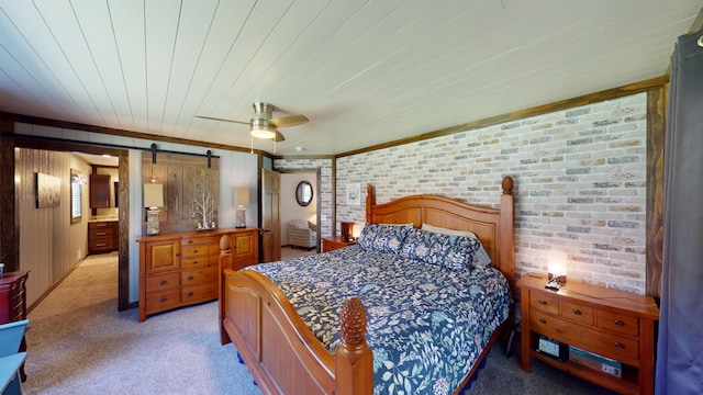 3400 Thornapple Trl, Lewiston, MI 49756 - bedroom with a barn door, light colored carpet, and a ceiling fan
