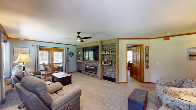3400 Thornapple Trl, Lewiston, MI 49756 - living area featuring light colored carpet, ornamental molding, a fireplace, a textured ceiling, and ceiling fan