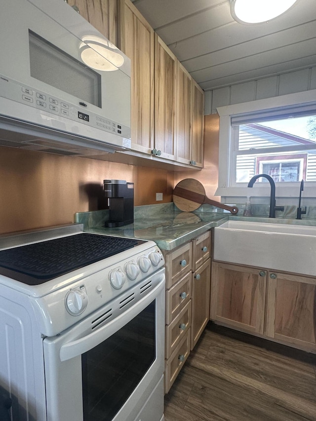kitchen with white appliances, a sink, and dark wood finished floors