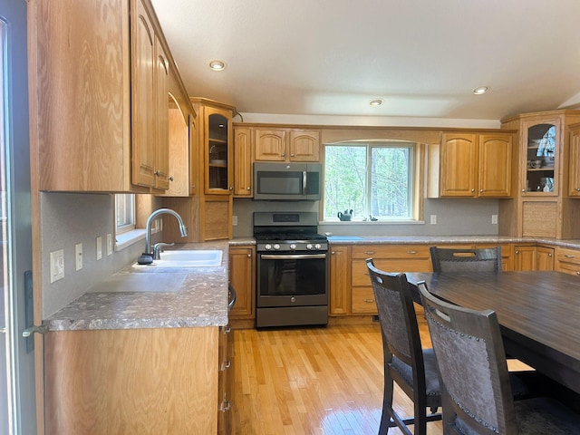 kitchen featuring appliances with stainless steel finishes, a sink, light wood finished floors, glass insert cabinets, and recessed lighting