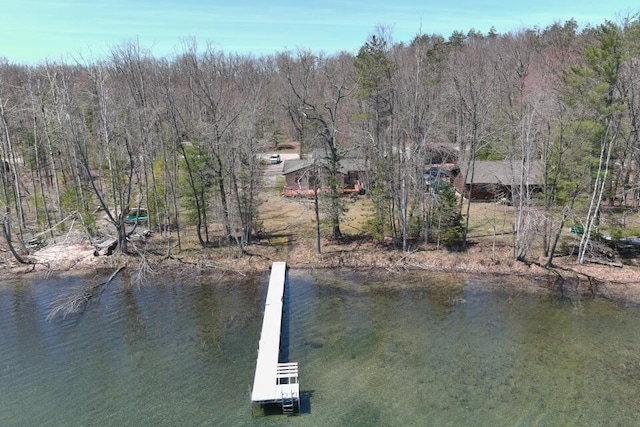 dock featuring a water view and a forest view