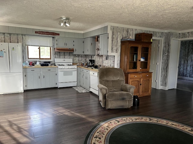 4210 County Road 491, Lewiston, MI 49756 - kitchen with white appliances, crown molding, a textured ceiling, dark wood-style flooring, and under cabinet range hood