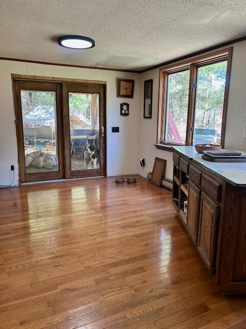 2165 E Cherry Creek Rd, Fairview, MI 48621 - dining area featuring a textured ceiling, light wood-style floors, baseboard heating, and crown molding