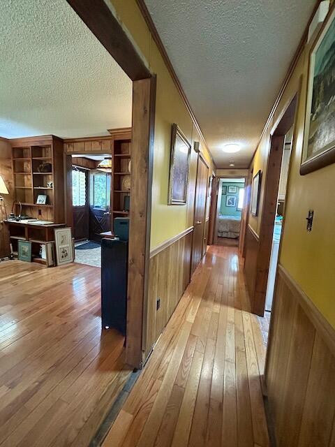 2165 E Cherry Creek Rd, Fairview, MI 48621 - hallway featuring a textured ceiling, light wood-type flooring, wooden walls, and wainscoting