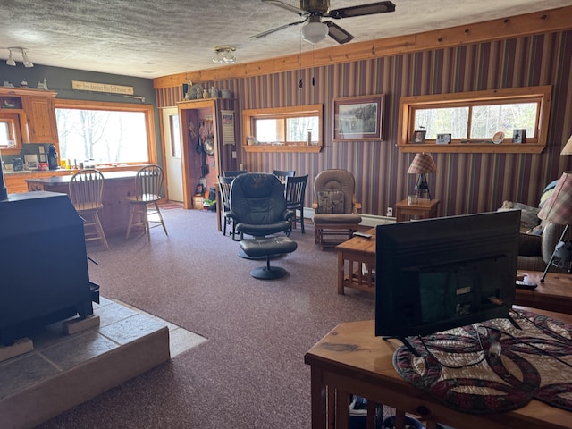 living room with a wood stove, a textured ceiling, and ceiling fan