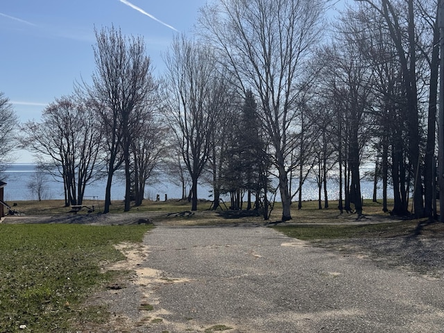 view of road with a water view