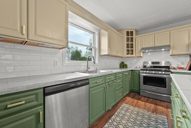 201 Country Ct, Houghton Lake, MI 48629 - kitchen with appliances with stainless steel finishes, a sink, under cabinet range hood, green cabinets, and light countertops