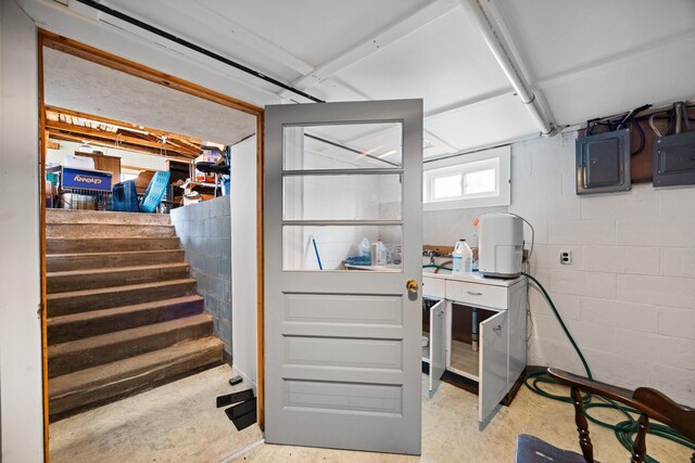 7654 M 32 E, Johannesburg, MI 49751 - basement with electric panel and stairs