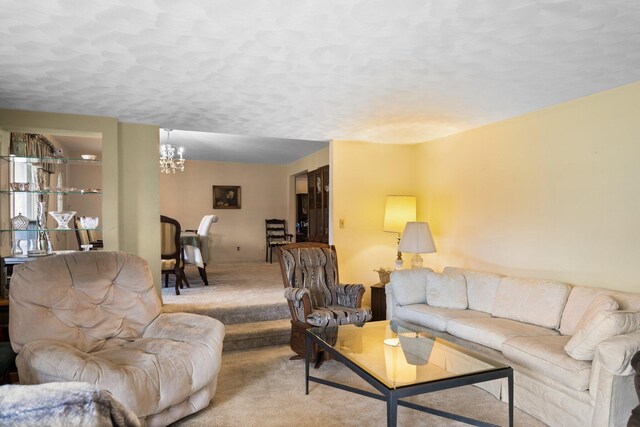 7654 M 32 E, Johannesburg, MI 49751 - carpeted living room featuring a chandelier and a textured ceiling
