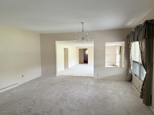 7654 M 32 E, Johannesburg, MI 49751 - unfurnished room featuring a chandelier, light carpet, baseboards, and baseboard heating