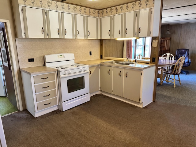 1321 Eagle Point Rd, Grayling, MI 49738 - kitchen featuring white range with electric stovetop, dark colored carpet, light countertops, and wood walls