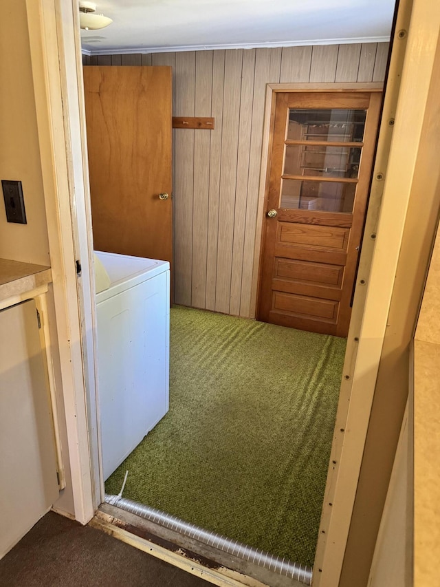 1321 Eagle Point Rd, Grayling, MI 49738 - washroom featuring carpet floors, washer / clothes dryer, and wooden walls