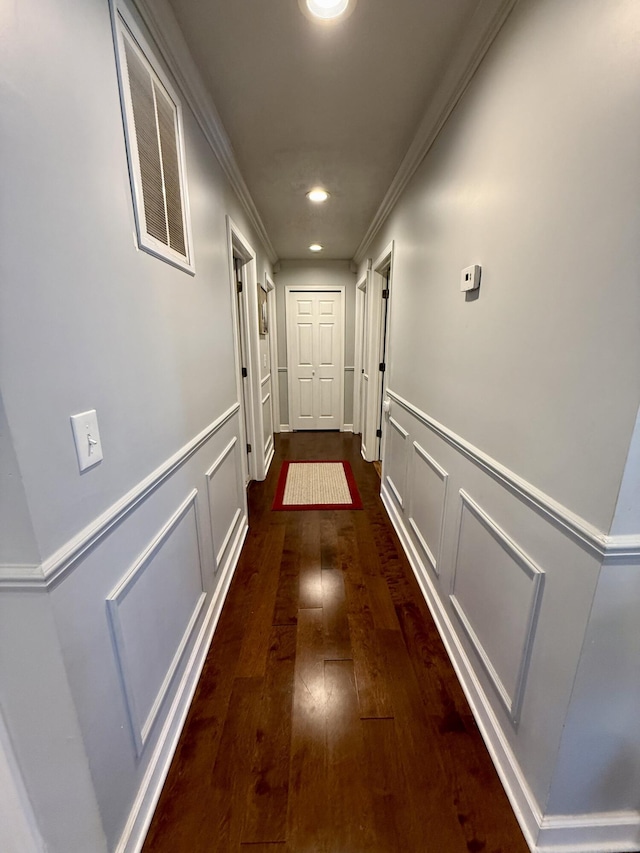 1073 S Hoot Owl Ln, Grayling, MI 49738 - corridor featuring ornamental molding, dark wood-style flooring, a wainscoted wall, a decorative wall, and recessed lighting