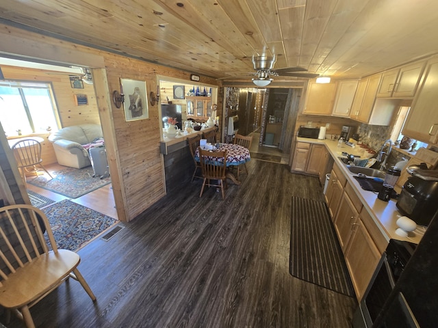 3625 Mckinley Rd, Mio, MI 48647 - kitchen with dark wood-type flooring, light countertops, wooden ceiling, a ceiling fan, and a sink