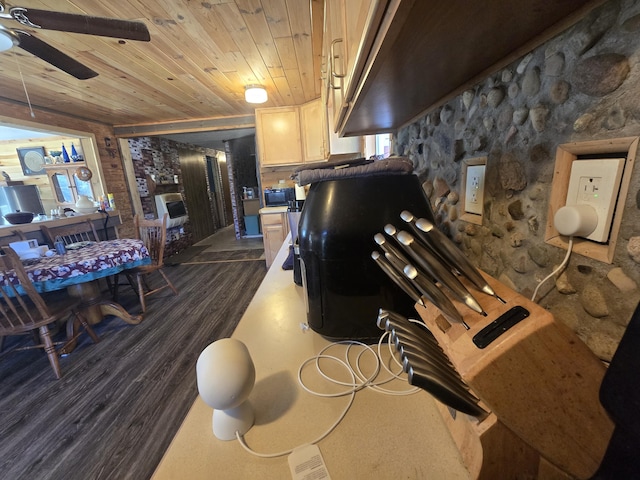 3625 Mckinley Rd, Mio, MI 48647 - interior space with wooden ceiling, dark wood finished floors, and ceiling fan