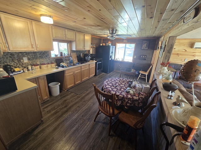 3625 Mckinley Rd, Mio, MI 48647 - kitchen featuring fridge with ice dispenser, dark wood finished floors, black microwave, a sink, and light countertops