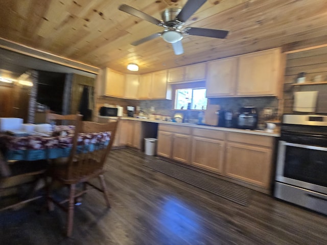 3625 Mckinley Rd, Mio, MI 48647 - kitchen featuring stainless steel appliances, wooden ceiling, dark wood finished floors, tasteful backsplash, and light countertops