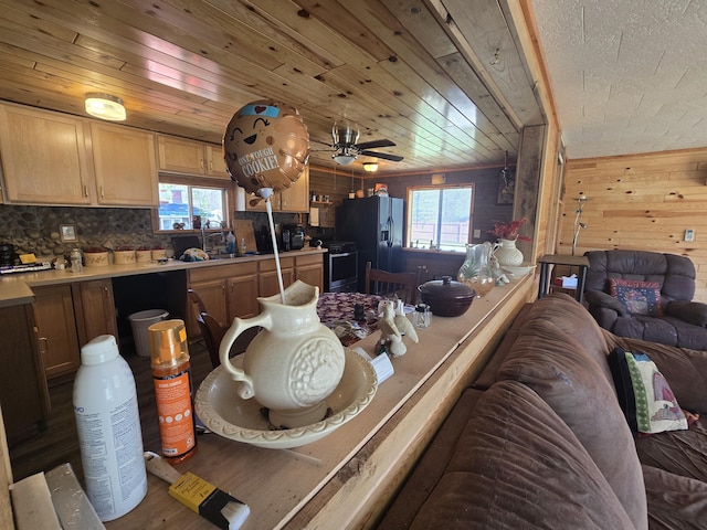 3625 Mckinley Rd, Mio, MI 48647 - dining room with plenty of natural light, wooden walls, a ceiling fan, and wooden ceiling