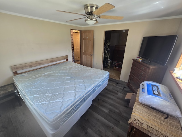 3625 Mckinley Rd, Mio, MI 48647 - bedroom with dark wood-style floors, crown molding, and ceiling fan