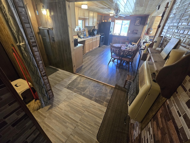 3625 Mckinley Rd, Mio, MI 48647 - dining space with ceiling fan, wooden walls, and wooden ceiling