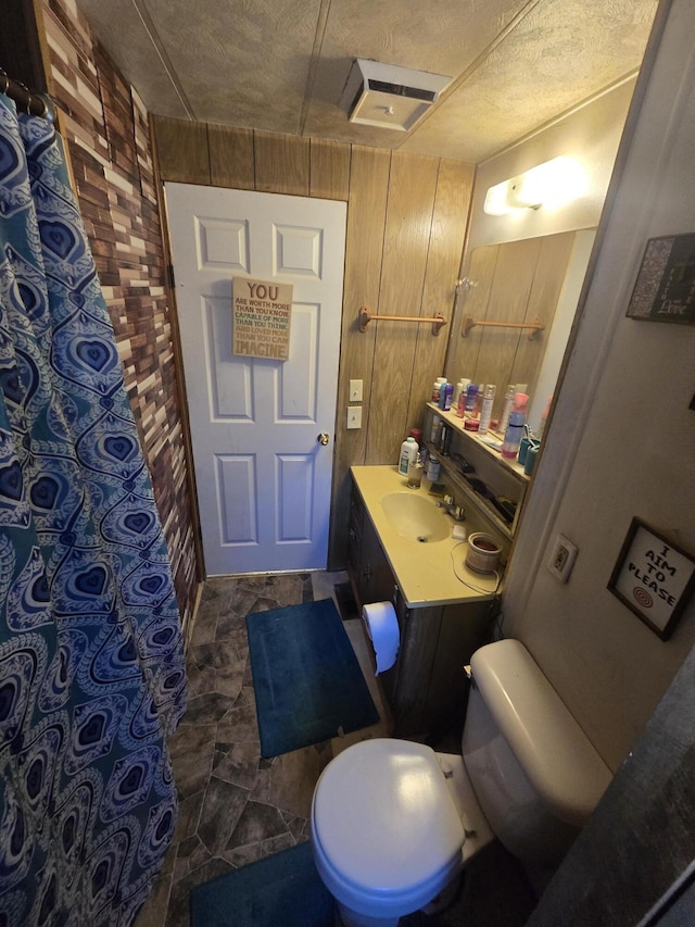 3625 Mckinley Rd, Mio, MI 48647 - full bath with toilet, wood walls, vanity, and a textured ceiling