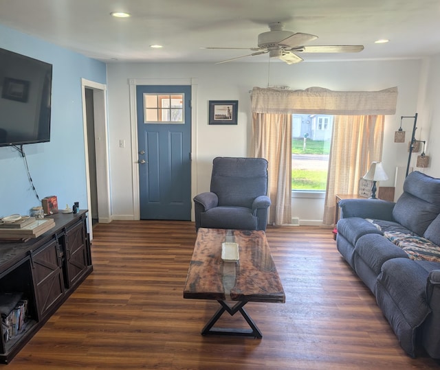 615 Duncan Ave, Cheboygan, MI 49721 - living room with dark wood-style flooring, recessed lighting, a ceiling fan, and baseboards