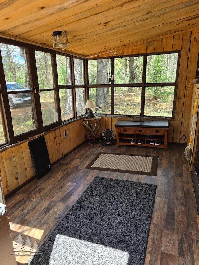 4097 Sunset Dr, Lewiston, MI 49756 - unfurnished sunroom with hardwood / wood-style floors, wooden ceiling, lofted ceiling, and wood walls