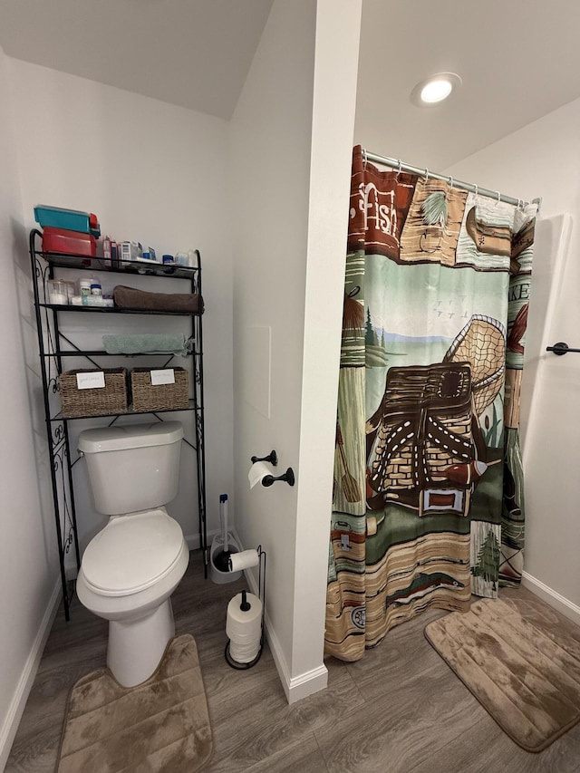 6299 Woodland Dr, Oscoda, MI 48750 - bathroom featuring wood finished floors, baseboards, and toilet