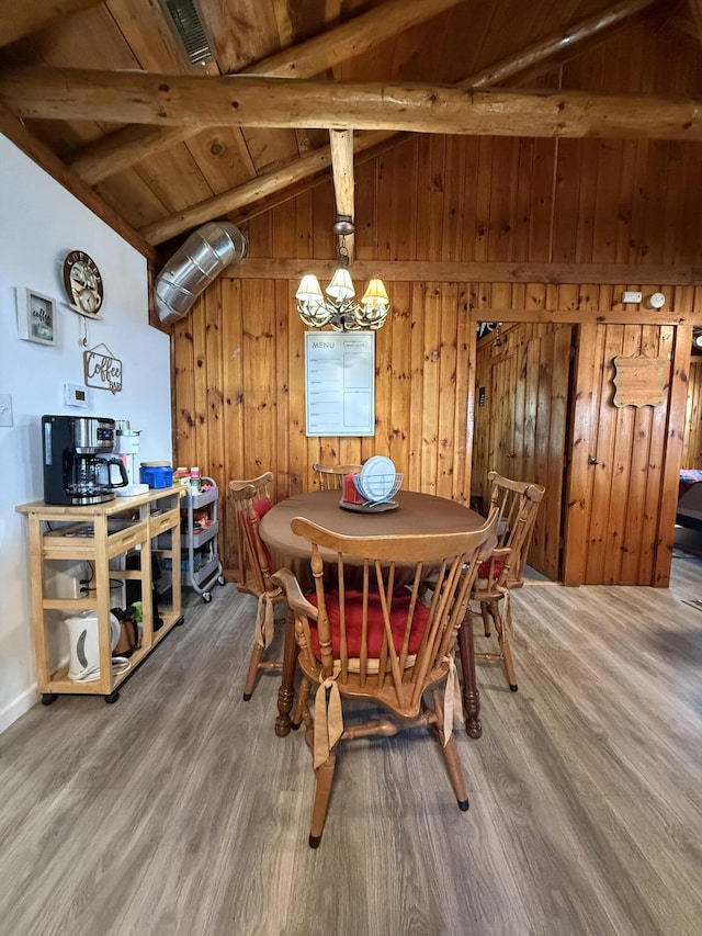 6299 Woodland Dr, Oscoda, MI 48750 - dining room featuring wood ceiling, wood finished floors, a chandelier, and wooden walls