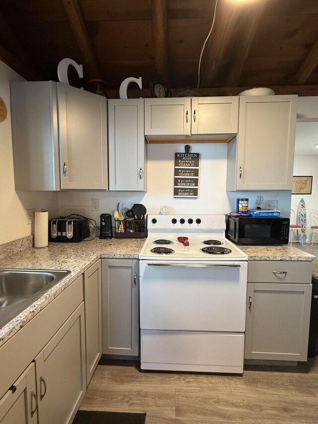 6299 Woodland Dr, Oscoda, MI 48750 - kitchen featuring white range with electric cooktop, black microwave, light countertops, light wood-type flooring, and a sink