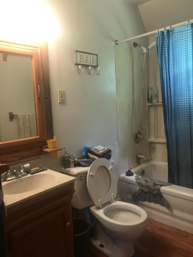 2032 W Oak Rd, Luzerne, MI 48636 - full bathroom with shower / bath combo with shower curtain, vanity, and wood finished floors