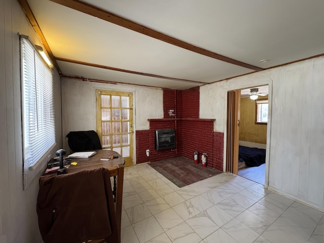 1654 Opland Rd, Gladwin, MI 48624 - office featuring a brick fireplace, light marble finish flooring, heating unit, and beam ceiling