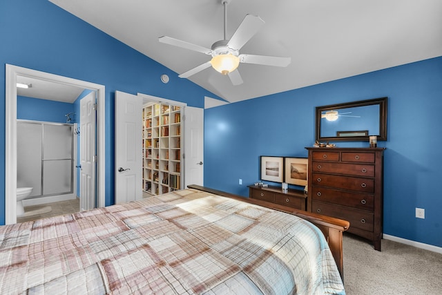 343 Crystal Ln, Roscommon, MI 48653 - carpeted bedroom with vaulted ceiling, a ceiling fan, and ensuite bathroom