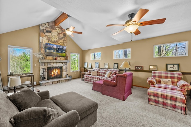 343 Crystal Ln, Roscommon, MI 48653 - carpeted living room featuring ceiling fan, beamed ceiling, a stone fireplace, and high vaulted ceiling