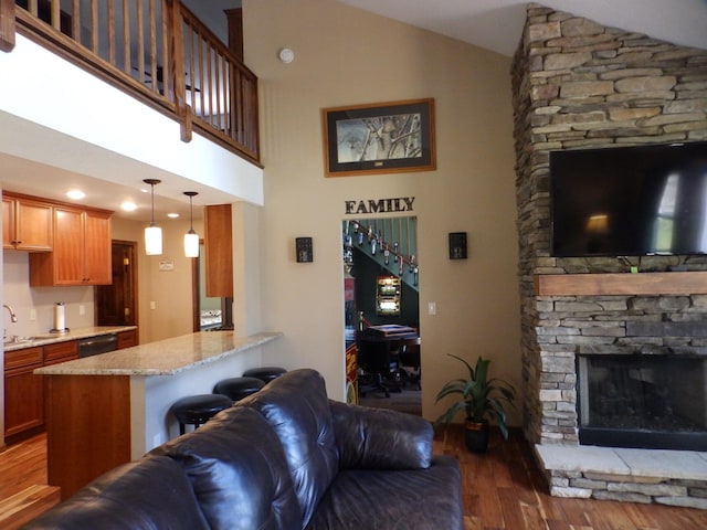 7928 Blueberry Ln, Johannesburg, MI 49751 - living area with vaulted ceiling, wood finished floors, and a fireplace