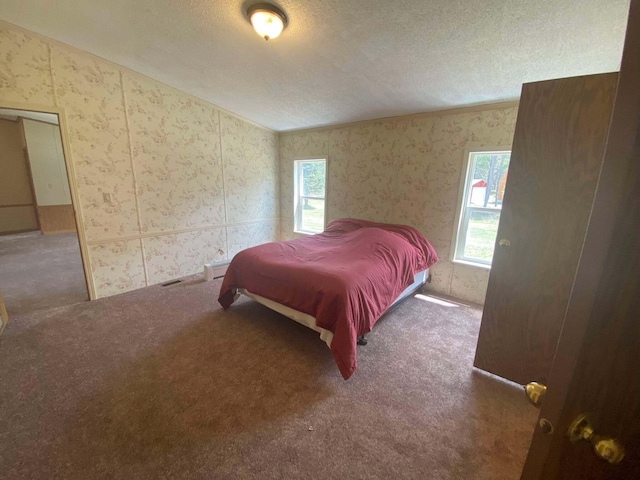 1364 Lakeview Dr, Mio, MI 48647 - carpeted bedroom with wallpapered walls, a textured ceiling, and lofted ceiling