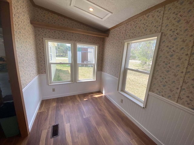 1364 Lakeview Dr, Mio, MI 48647 - unfurnished room featuring vaulted ceiling, dark wood finished floors, a wainscoted wall, healthy amount of natural light, and ornamental molding