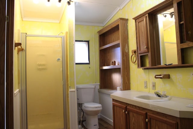 1364 Lakeview Dr, Mio, MI 48647 - full bathroom featuring crown molding, a shower stall, toilet, and vanity